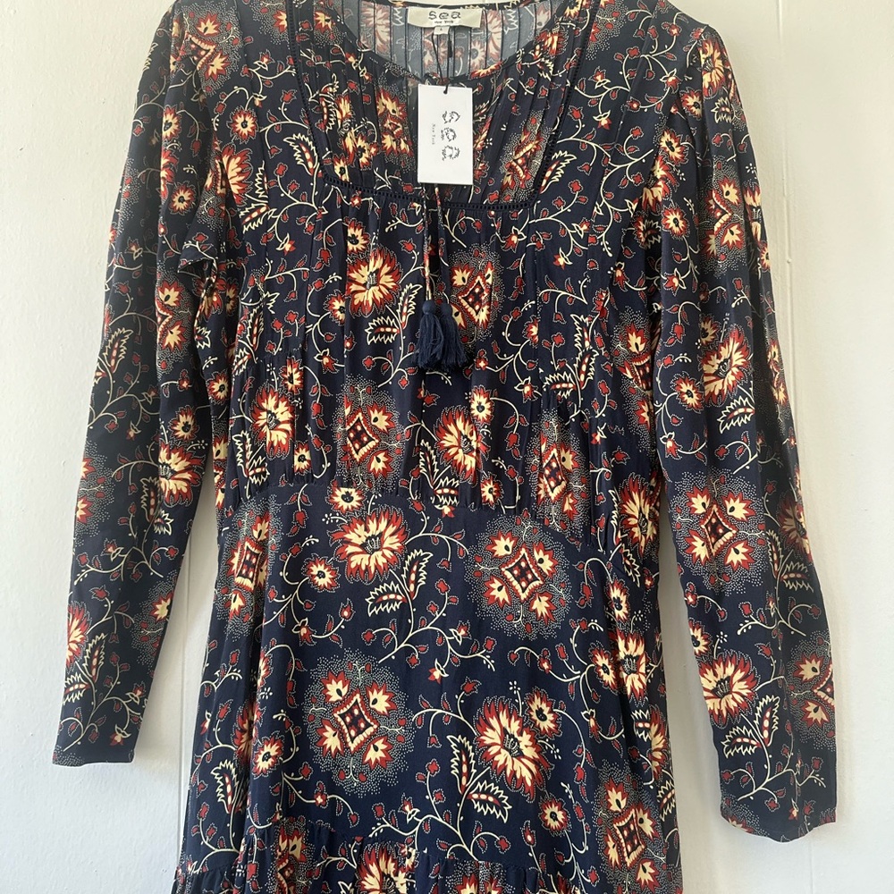 Sea New York Robina 3/4 Sleeve Maxi Long Dress Navy Floral Cottagecore Tassel - Picture 4 of 13